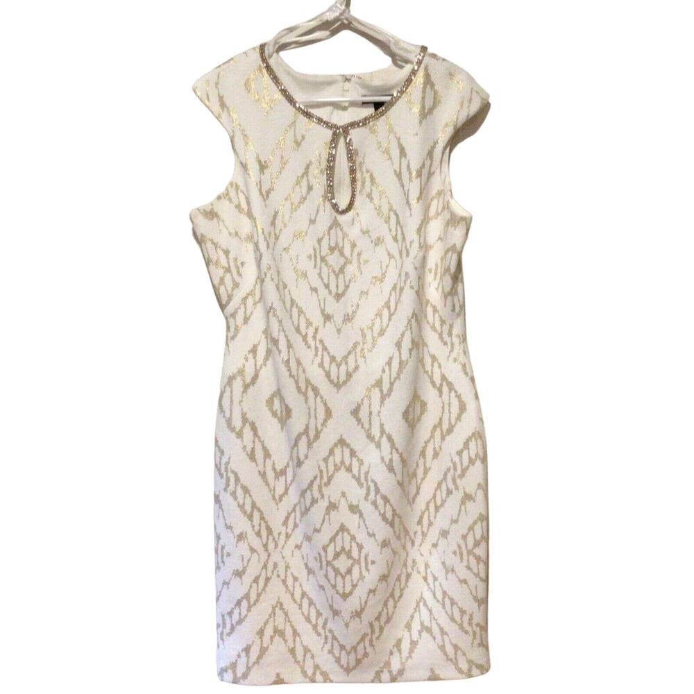 Roz & Ali White Gold Sleeveless Dress Rhinestone Embellished Size 14